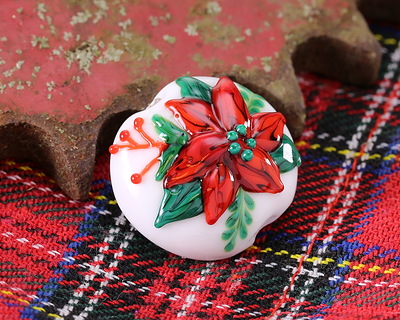 Grace Lampwork Red Poinsettia Christmas Lentil Focal Bead 25mm