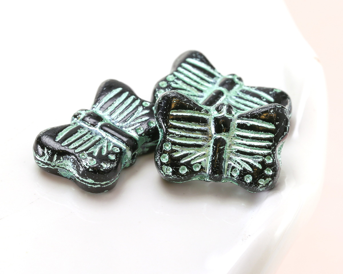 Czech Glass Jet w/ Metallic Green Wash Butterfly 16x11mm