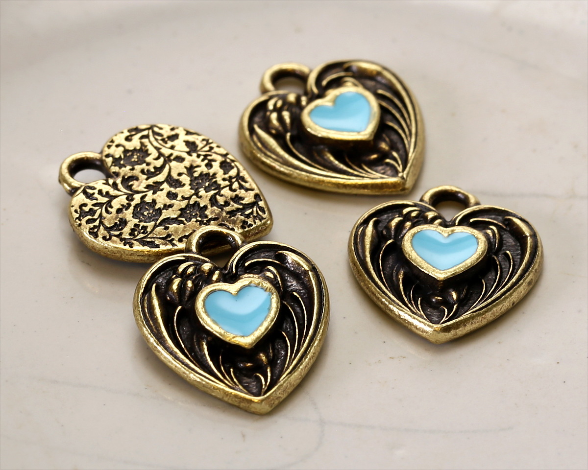 TierraCast Antique Brass (plated) Light Sky Blue Enamel Heart in Heart Shaped Focal 12.5x14mm