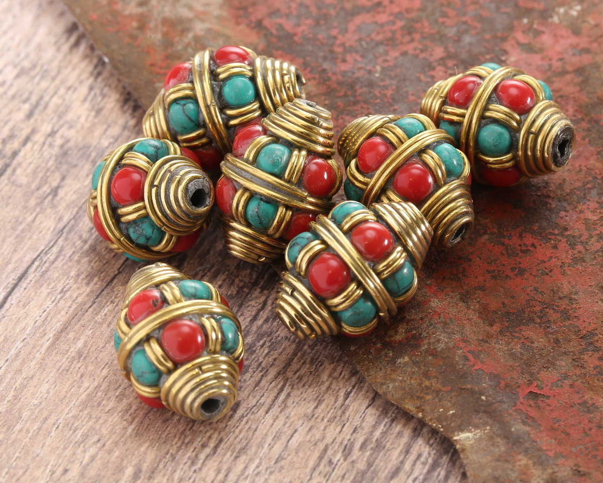 Nepalese Brass w/ Turquoise & Coral Dots Bulbous Rice Bead 20x15mm