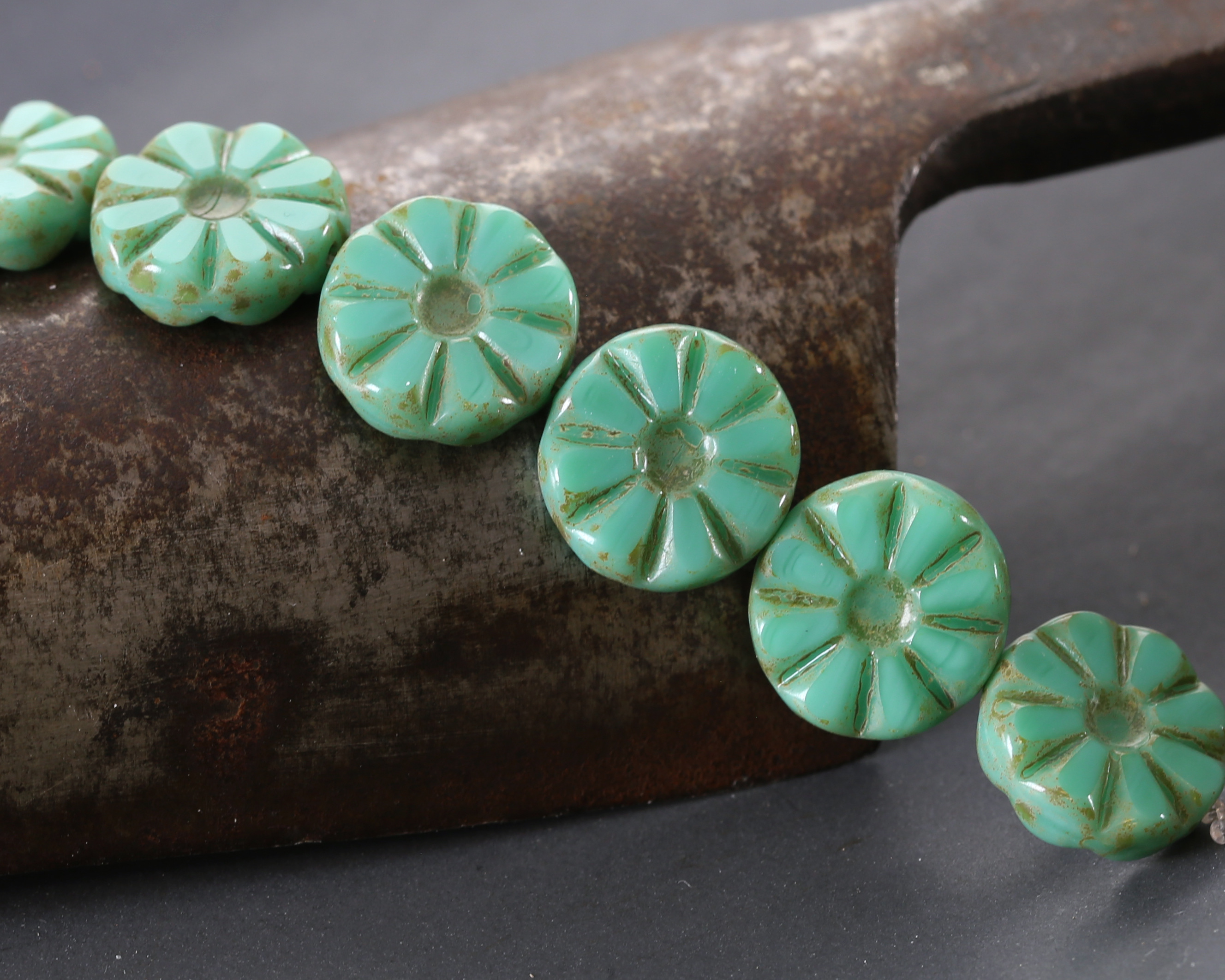 Czech Glass Green Turquoise Picasso Flower Window Coin 12mm