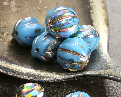 Czech Glass Blue Turquoise AB w/ Gold Faceted Melon Round 10mm