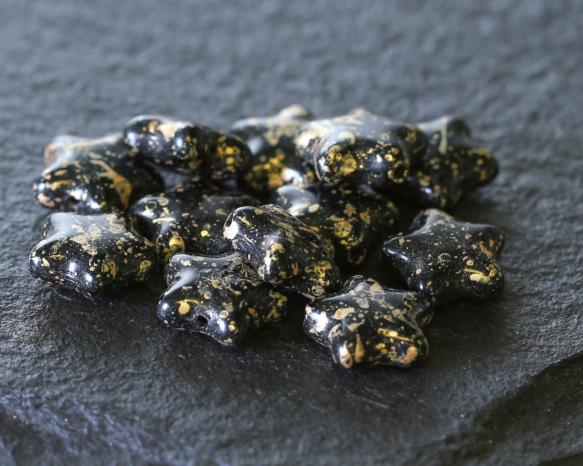 Czech Glass Jet w/ Gold Wash Star 12mm