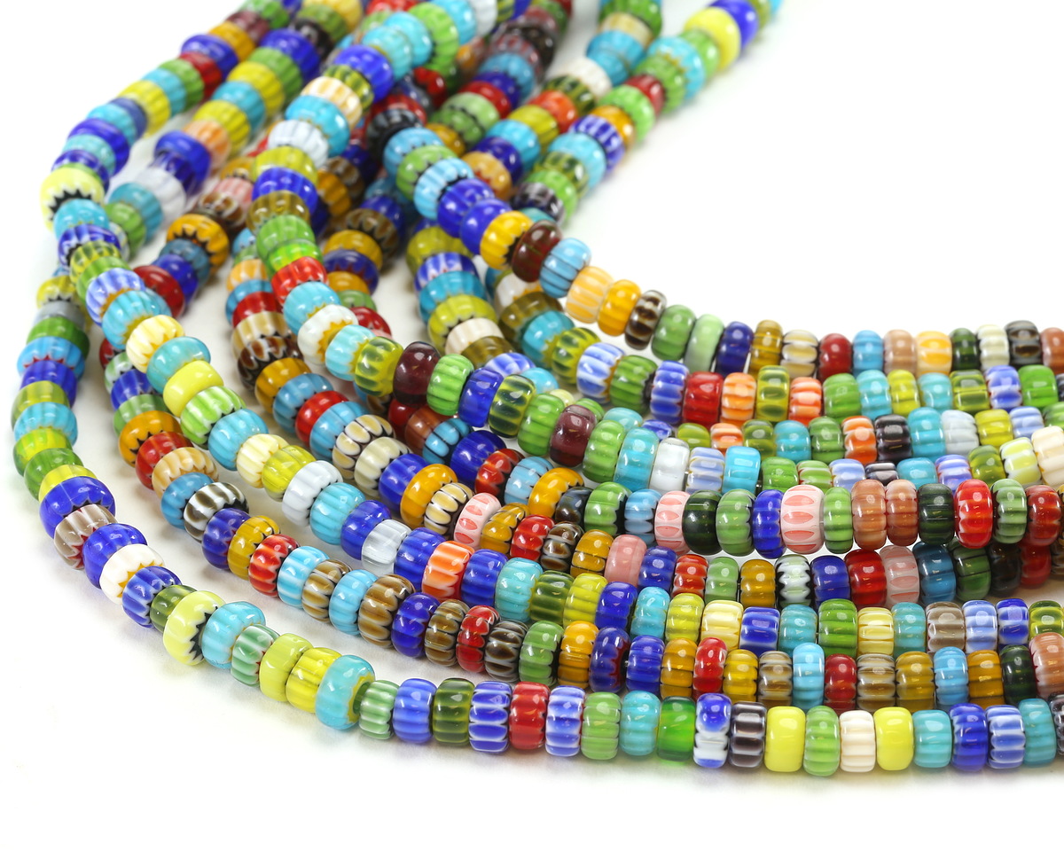Millefiori Nepali-Style Glass Multi-color Rondelle 7-8.5x3.5-4mm