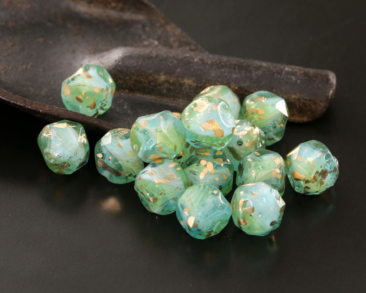 Czech Glass Peruvian Blue Opal w/ Antique Gold Flecks Chandelier Cut 8mm