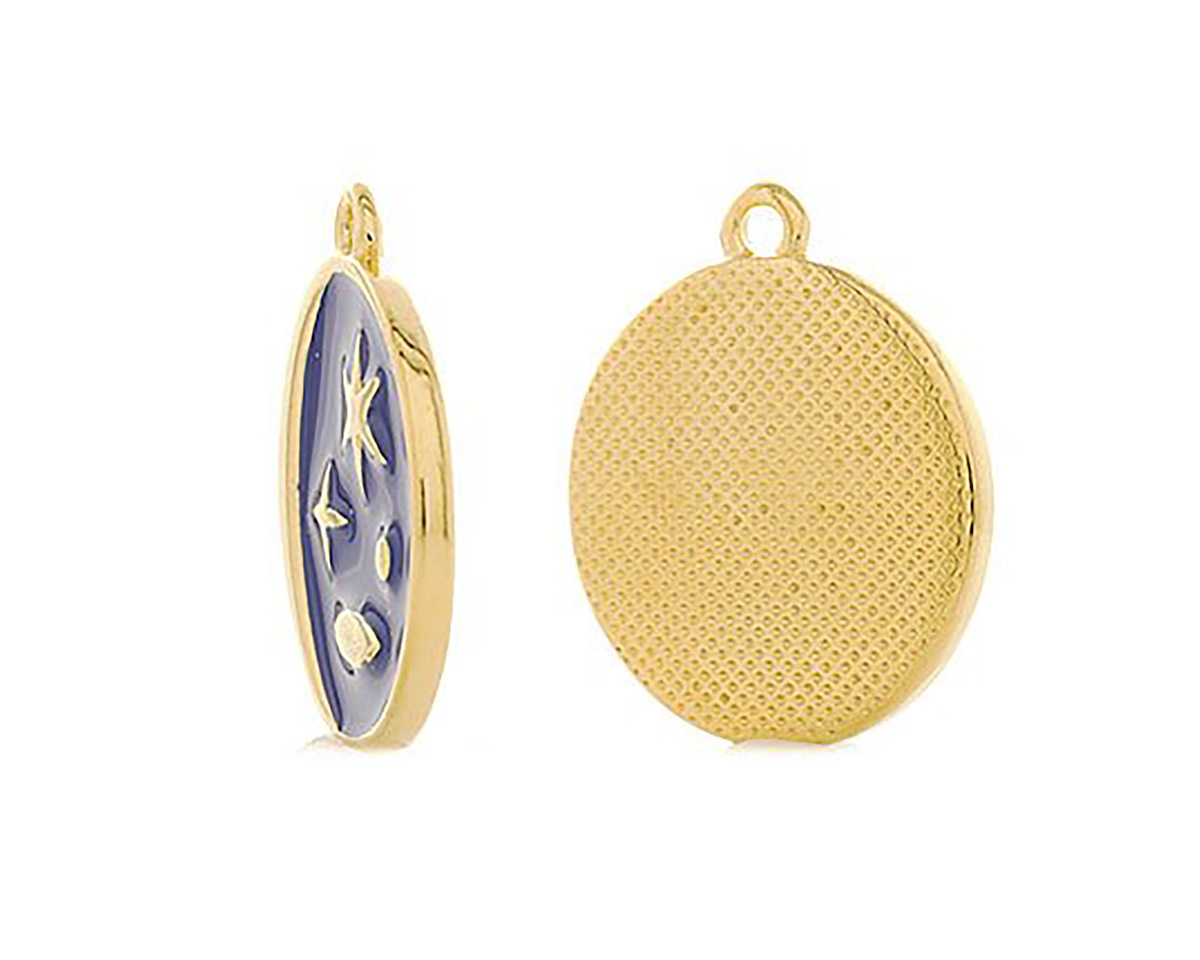 24K Gold (plated) Cobalt Enamel Crescent Moon Celestial Scene Coin Focal 18x20mm