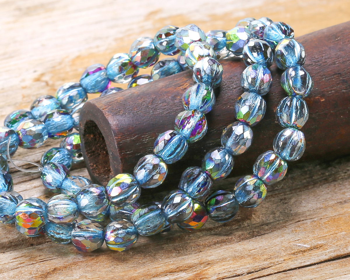 Czech Glass Crystal w/ Vitrail & Turquoise Wash Faceted Melon Round 6mm