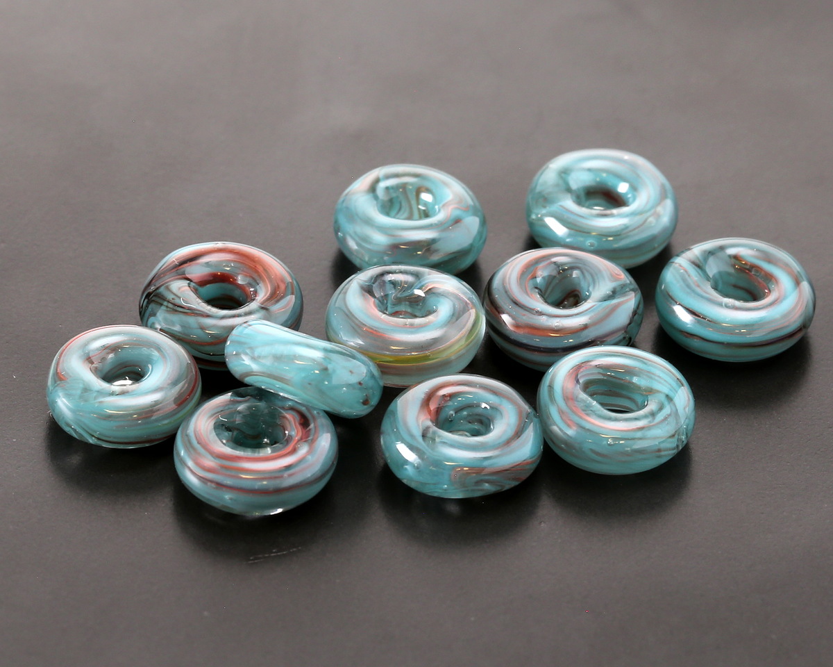 Unicorne Beads Glass Copper & Teal Donut 4-6x9-11mm