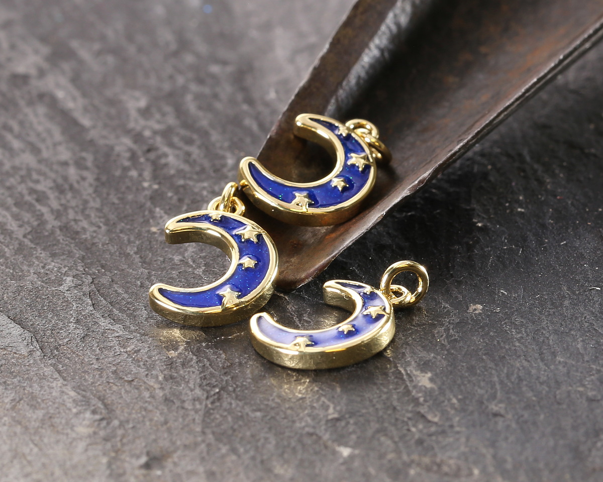 18k Gold (plated) Coablt Enamel Small Celestial Crescent Moon Focal 9.5x13.5mm