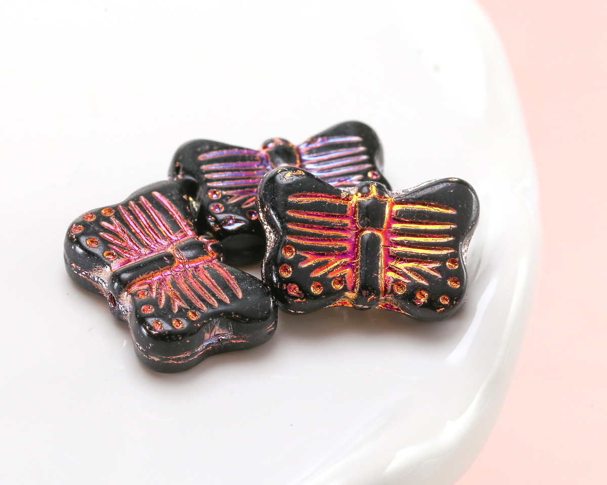 Czech Glass Jet w/ Metallic Rainbow Butterfly 16x11mm