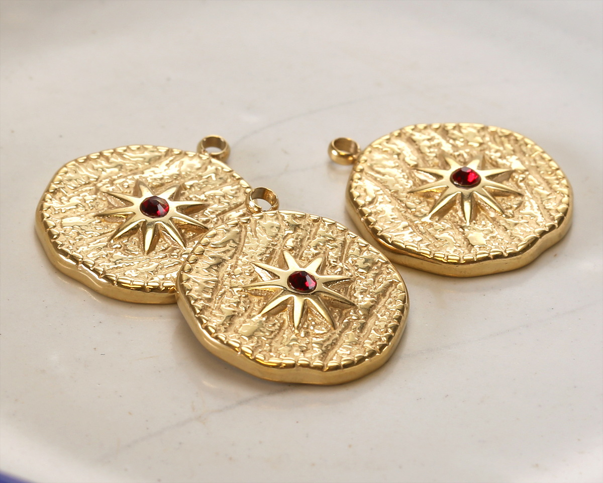 14K Gold (plated) Stainless Steel Star w/ Garnet Crystal Coin Focal 16.5x19mm