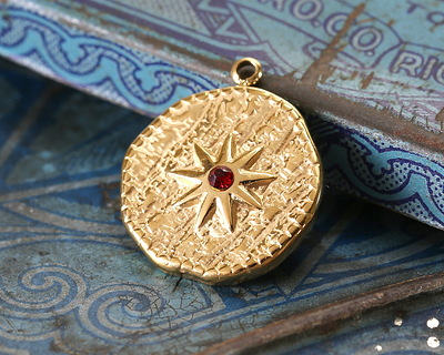 14K Gold (plated) Stainless Steel Star w/ Garnet Crystal Coin Focal 16.5x19mm