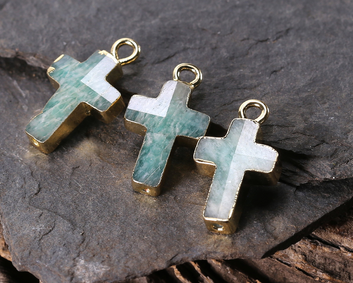 Brazilian Amazonite Faceted Cross Focal w/ Gold Finish 10x15mm