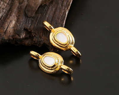 24K Gold (plated) White Enamel Ornate Organic Oval Focal Link 15x7mm