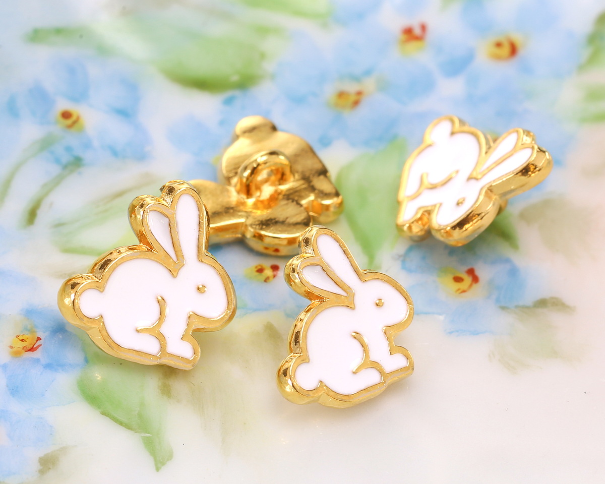 24K Gold (plated) White Enamel Bunny Button 11x11.5mm