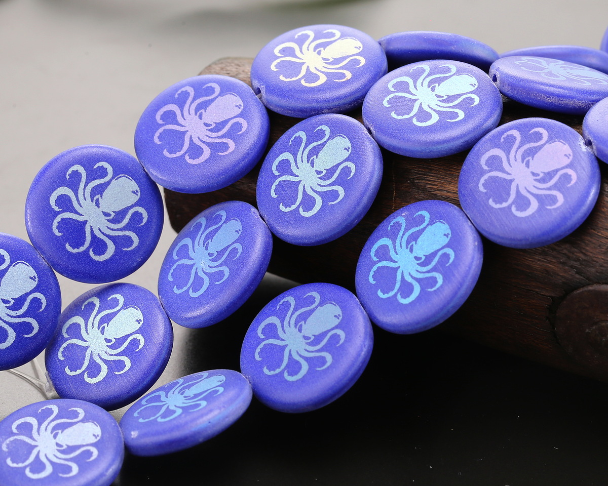 Czech Glass Laser Etched Octopus on Matte Indigo AB Coin 17mm