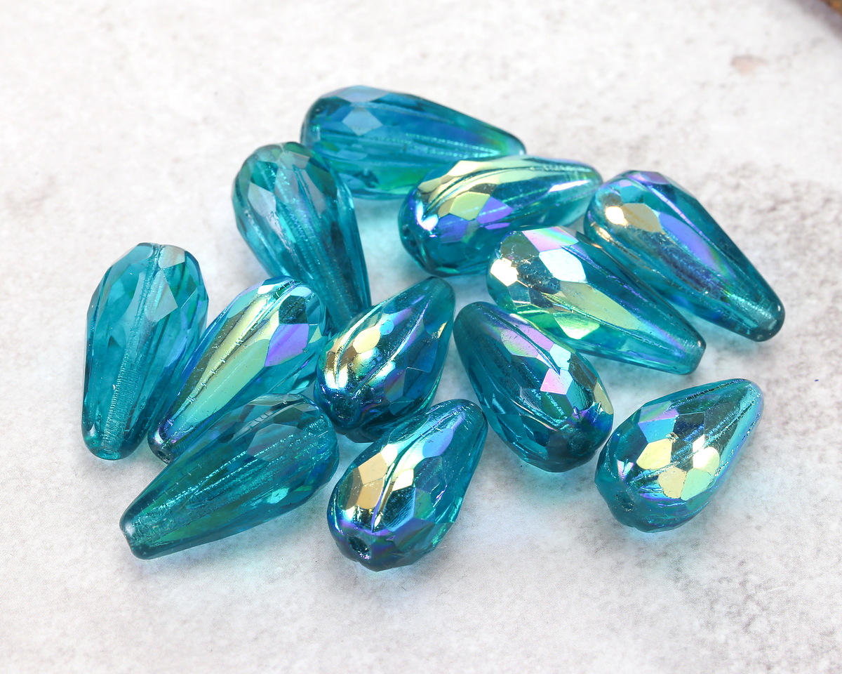 Czech Glass Teal AB Faceted Melon Teardrop 23x11mm