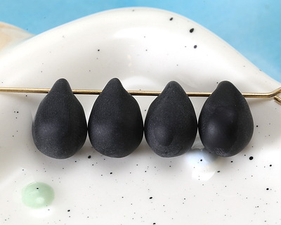 Jet Black Beach-Style Glass Teardrop Focal 14x10mm