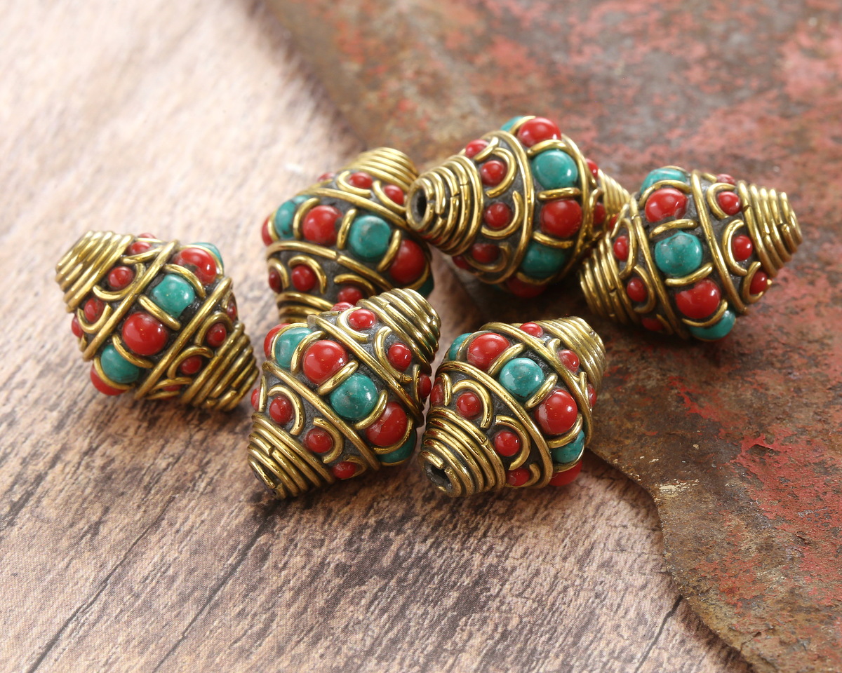 Nepalese Brass Bands w/ Turquoise & Coral Alternating Dots & Coral Bands Large Rice Bead 21x17mm