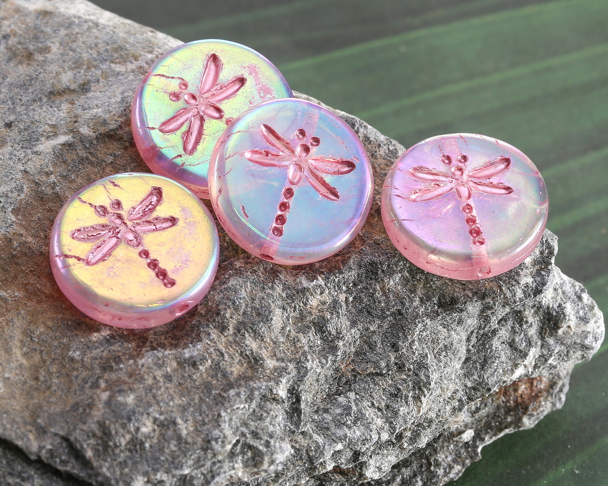 Czech Glass Crystal AB w/ Metallic Pink Dragonfly Coin 17mm