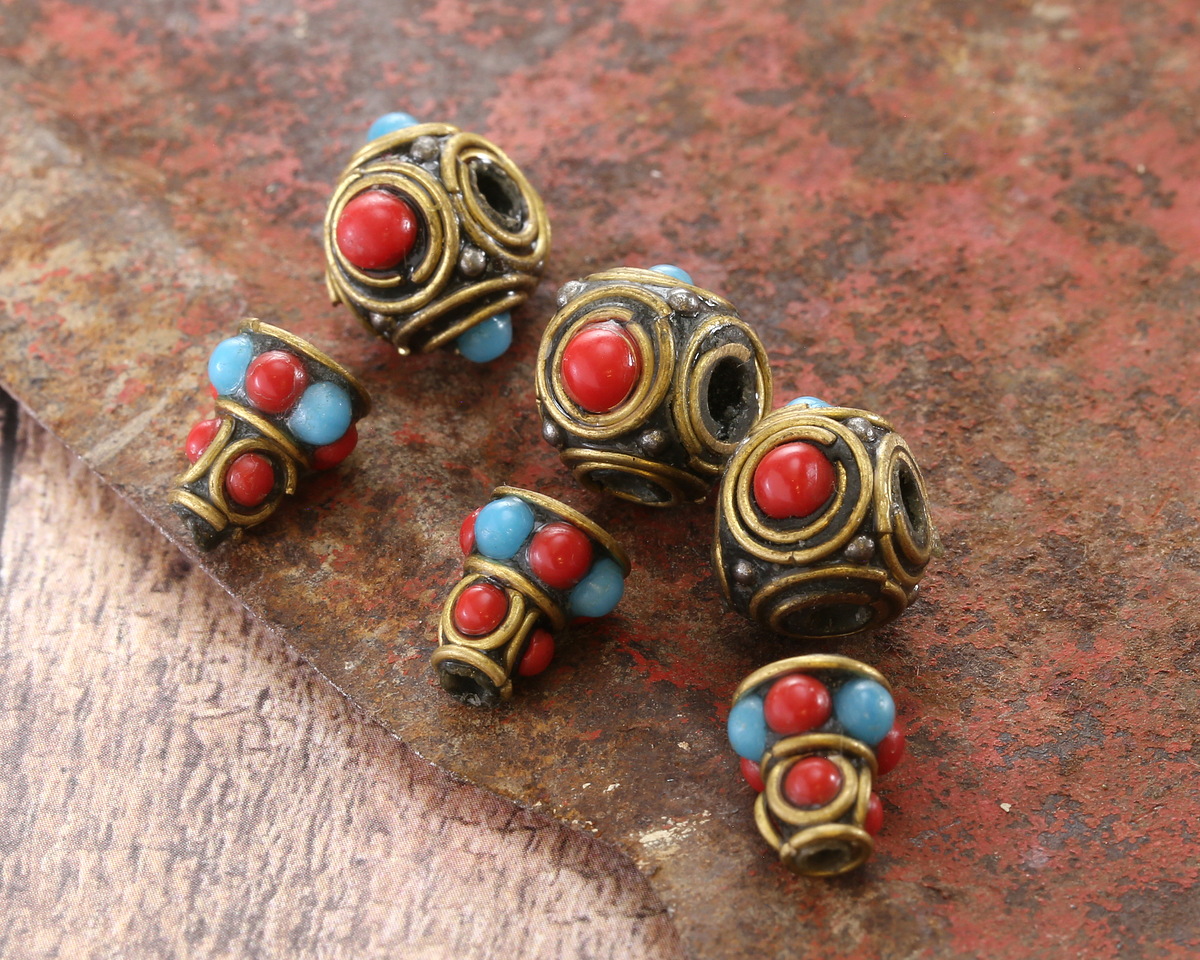 Nepalese Brass w/ Turquoise & Coral Dots Guru Bead 10x21mm