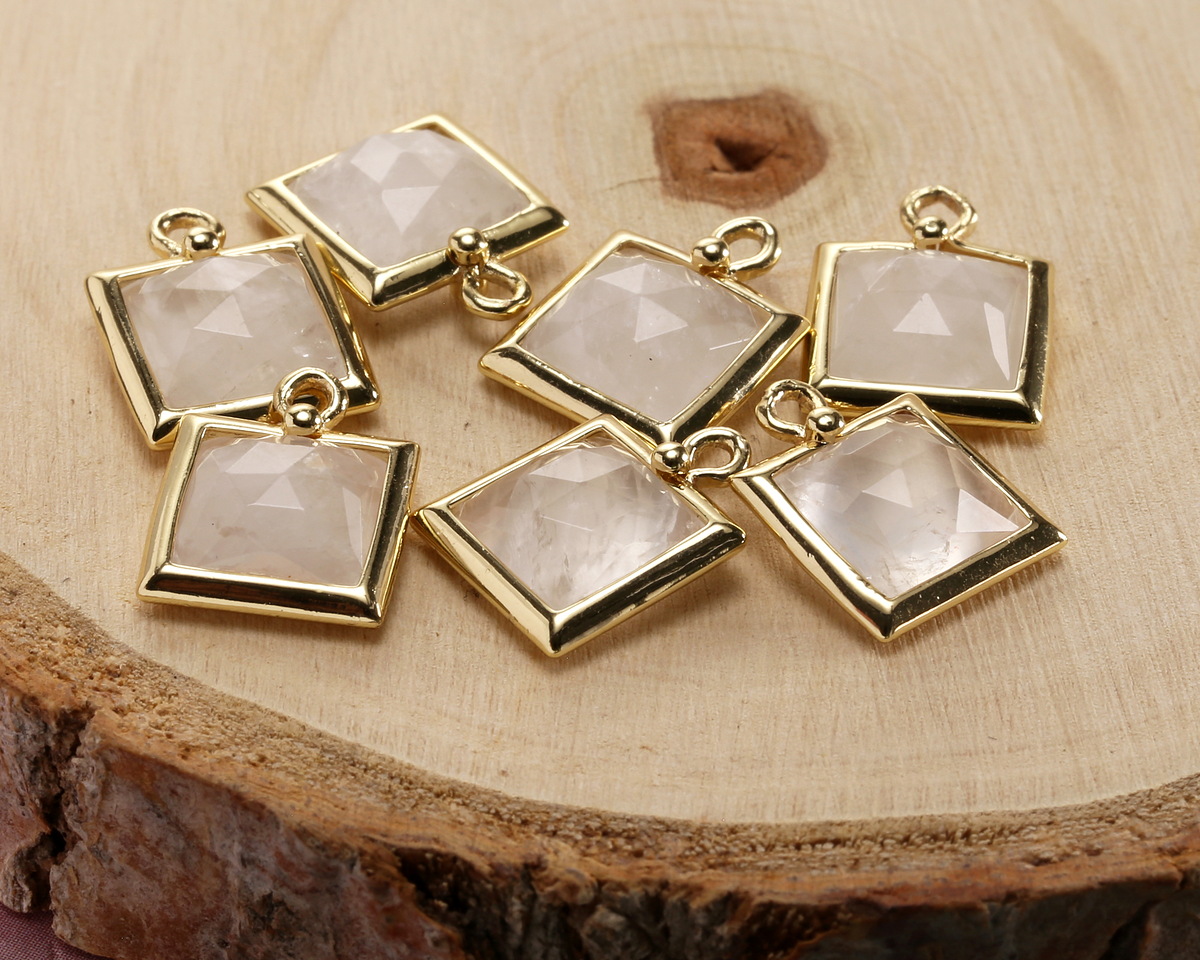 Rock Crystal Quartz w/ Gold Finish Faceted Square Focal 10x13mm