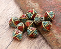 Nepalese Brass w/ Coral & Turquoise Mosaic Bicone Bead 6-7x7mm