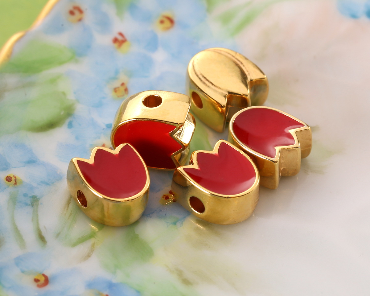 24K Gold (plated) Red Enamel Tulip Bead 7.5x9mm