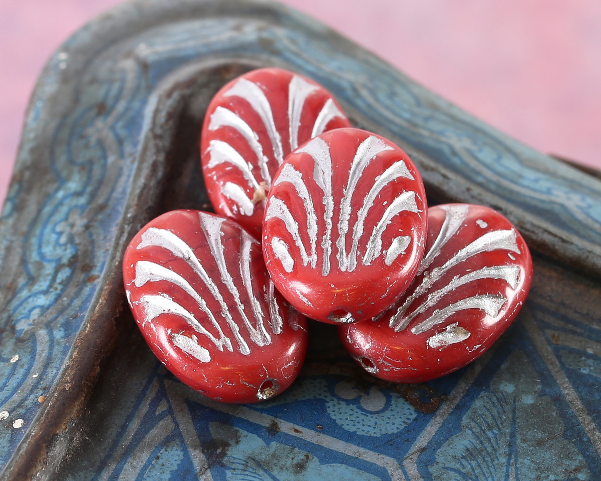 Czech Glass Cherry w/ Silver Fan Oval 17x12mm