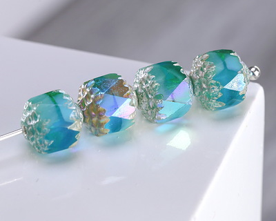 Czech Glass Aquamarine Waters AB w/ Silver Lantern 8mm