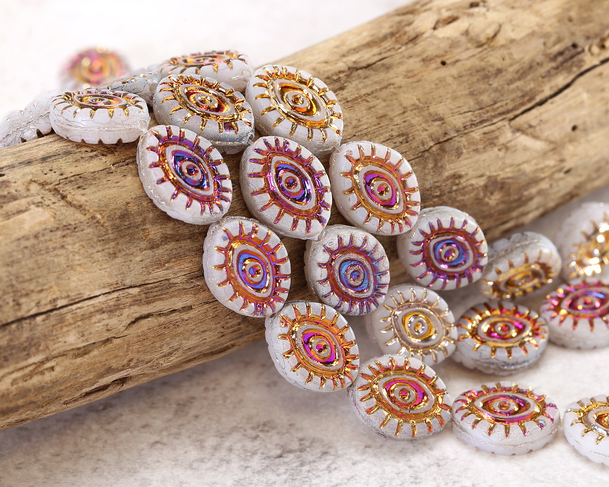 Czech Glass Matte White w/ Metallic Rainbow Mystic Eye 14x11mm