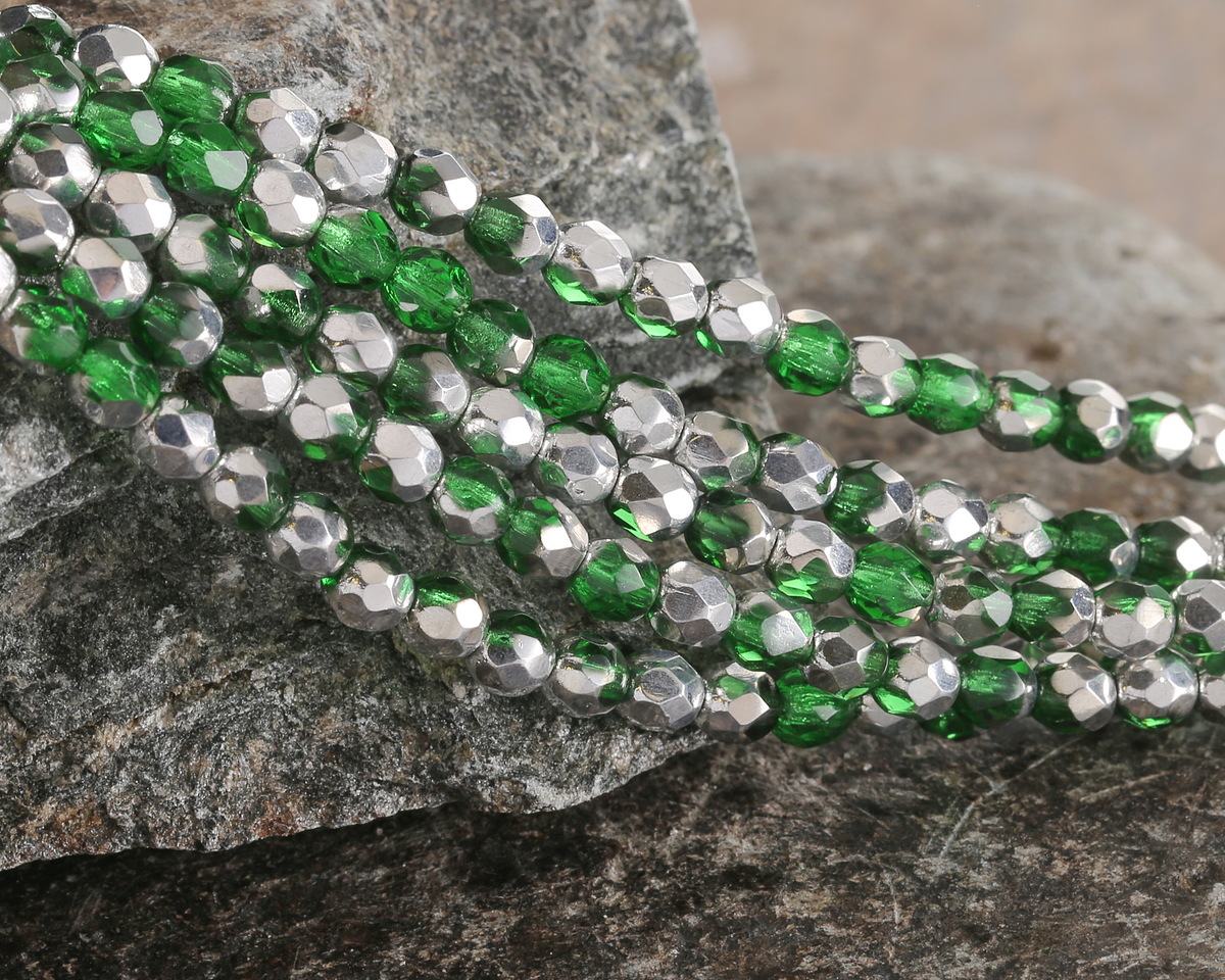 Czech Glass Bottle Green w/ Silver Fire Polished Round 4mm