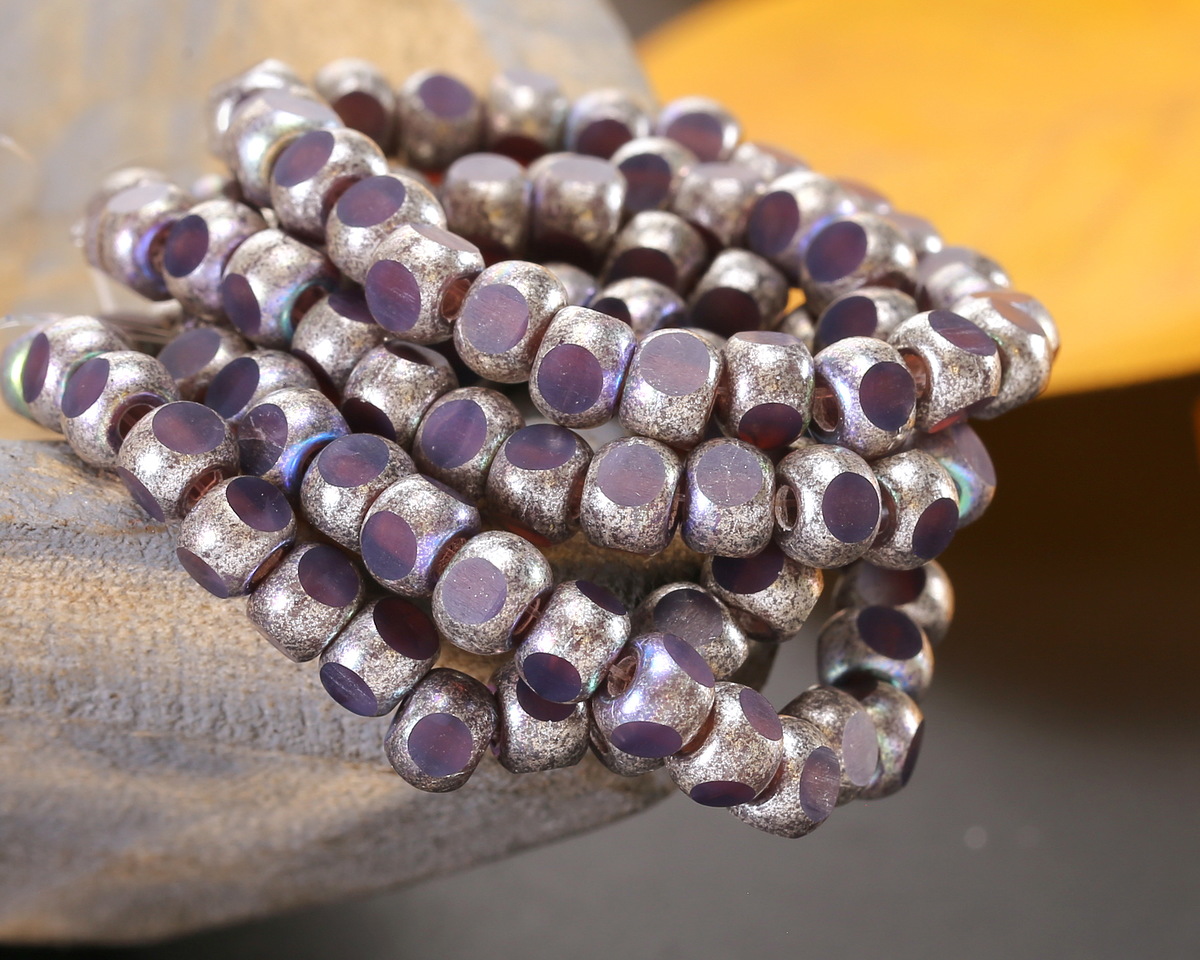 Czech Glass Matte Amethyst Opal w/ Antique Silver AB Trica Beads 4x5mm