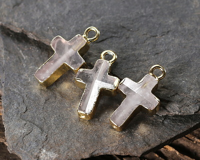 Rock Crystal Quartz Faceted Cross Focal w/ Gold Finish 10x15mm