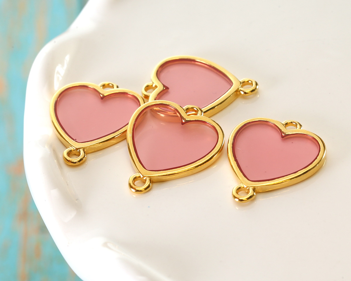 24K Gold (Plated) Transparent Rose Resin Heart Focal Link 16x18mm