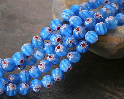 Millefiori Glass Sea Blue w/ White & Red Flower Round 10mm
