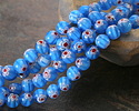 Millefiori Glass Sea Blue w/ White & Red Flower Round 10mm