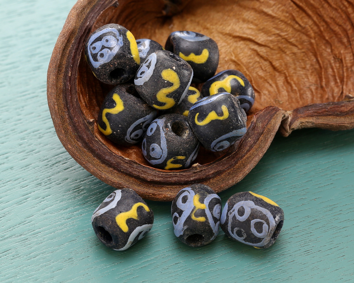 African Glass (Krobo) Black Powder-Cast Hand-Painted Blue & Yellow Round Bead 17mm