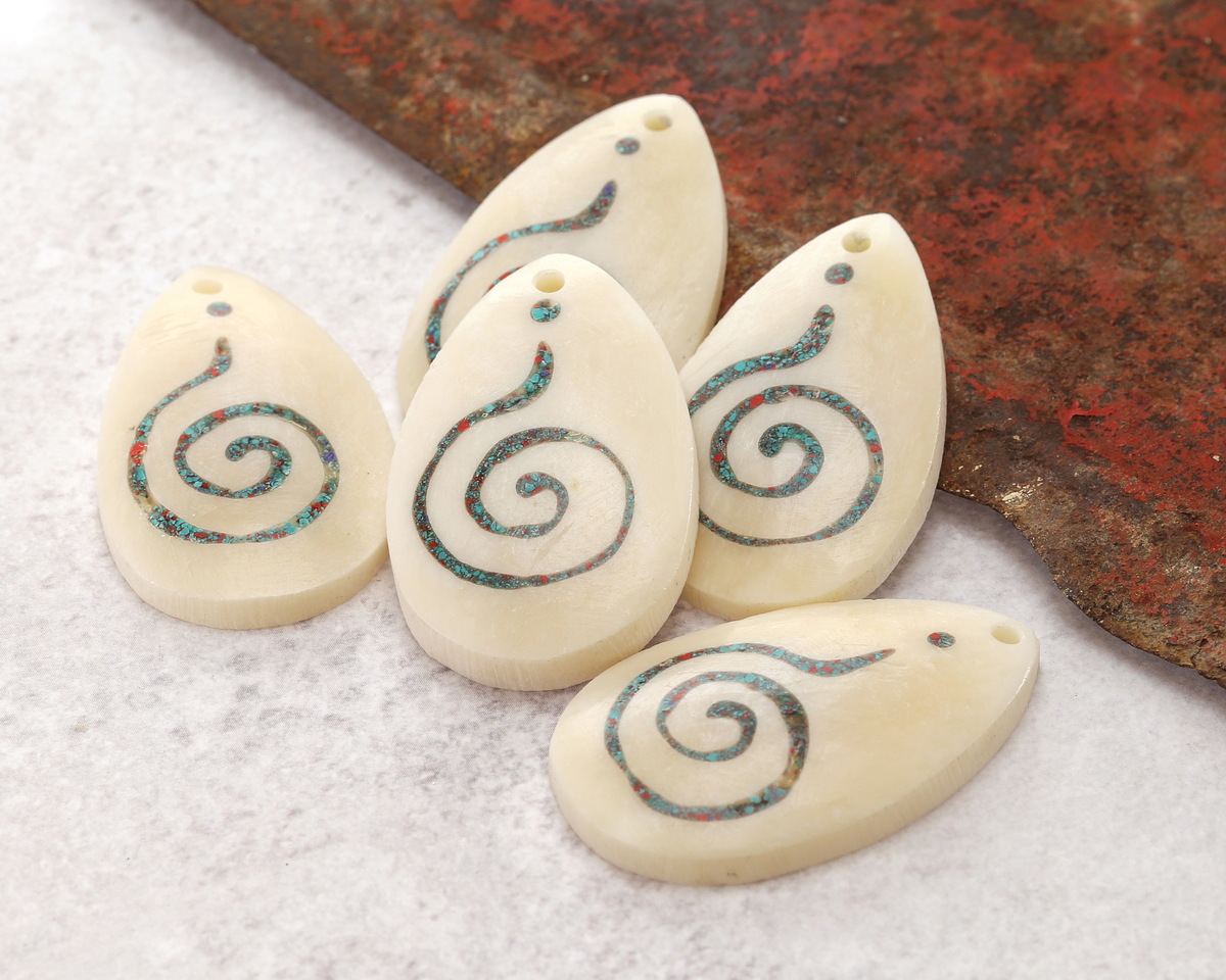 Nepalese Bone w/ Mosaic Turquoise and Coral Unalome Spiral Teardrop Focal 23x37-40mm