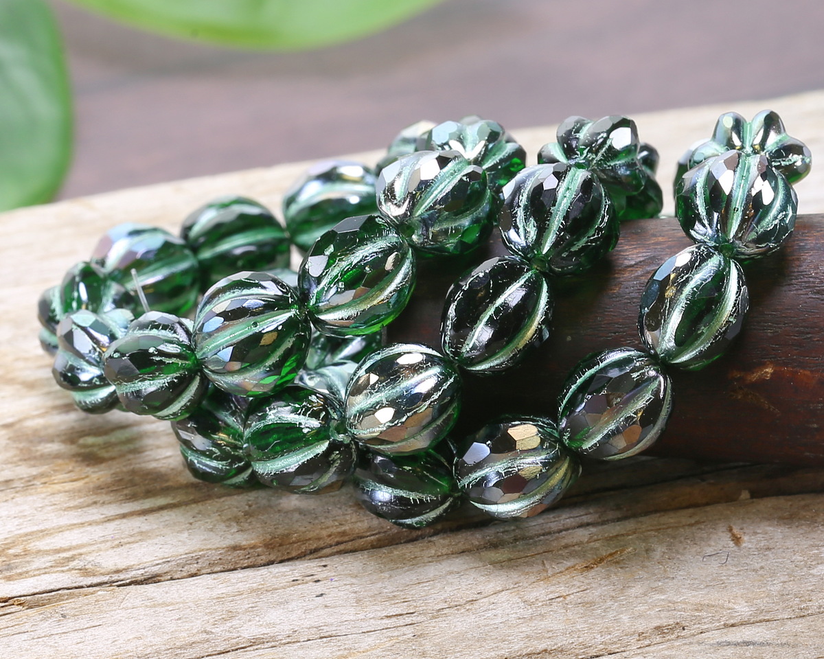 Czech Glass Emerald w/ Iris Brown Luster & Metallic Green Faceted Melon Round 10mm