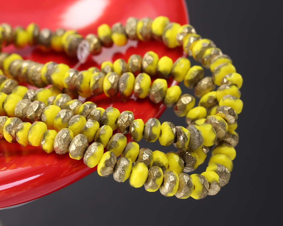 Czech Glass Textured Dandelion w/ Gold Finish Fire Polished Rondelle 2x3mm