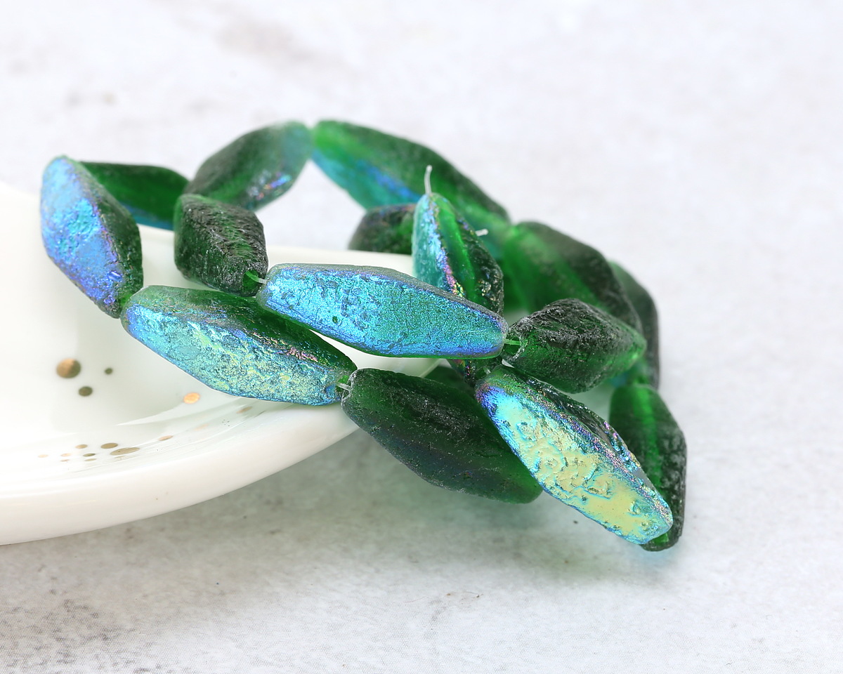 Czech Glass Textured Emerald AB Rhombus 20x8mm