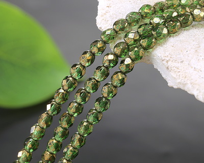 Czech Glass Bottle Green w/ Gold Luster Fire Polished Round 4mm