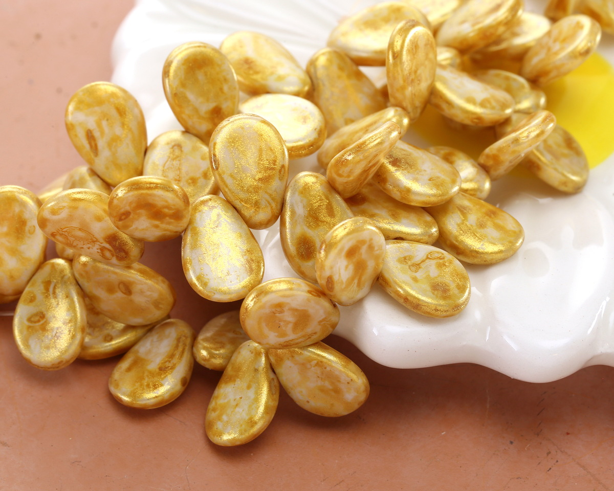 Czech Glass White w/ Gold Luster Flat Teardrop 8x11mm
