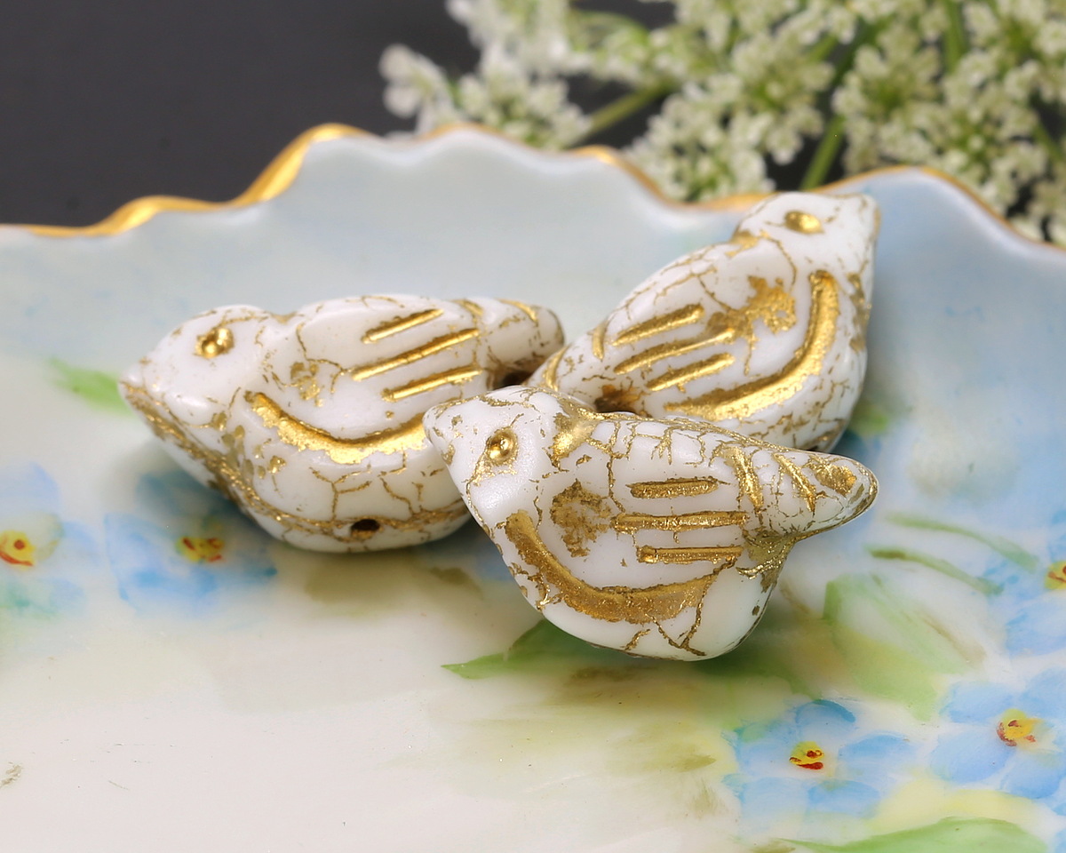 Czech Glass White w/ Gold Wash Bird 11x22mm