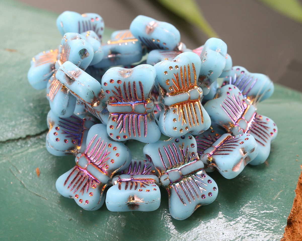 Czech Glass Matte Alice Blue w/ Rainbow Metallic Butterfly 16x11mm
