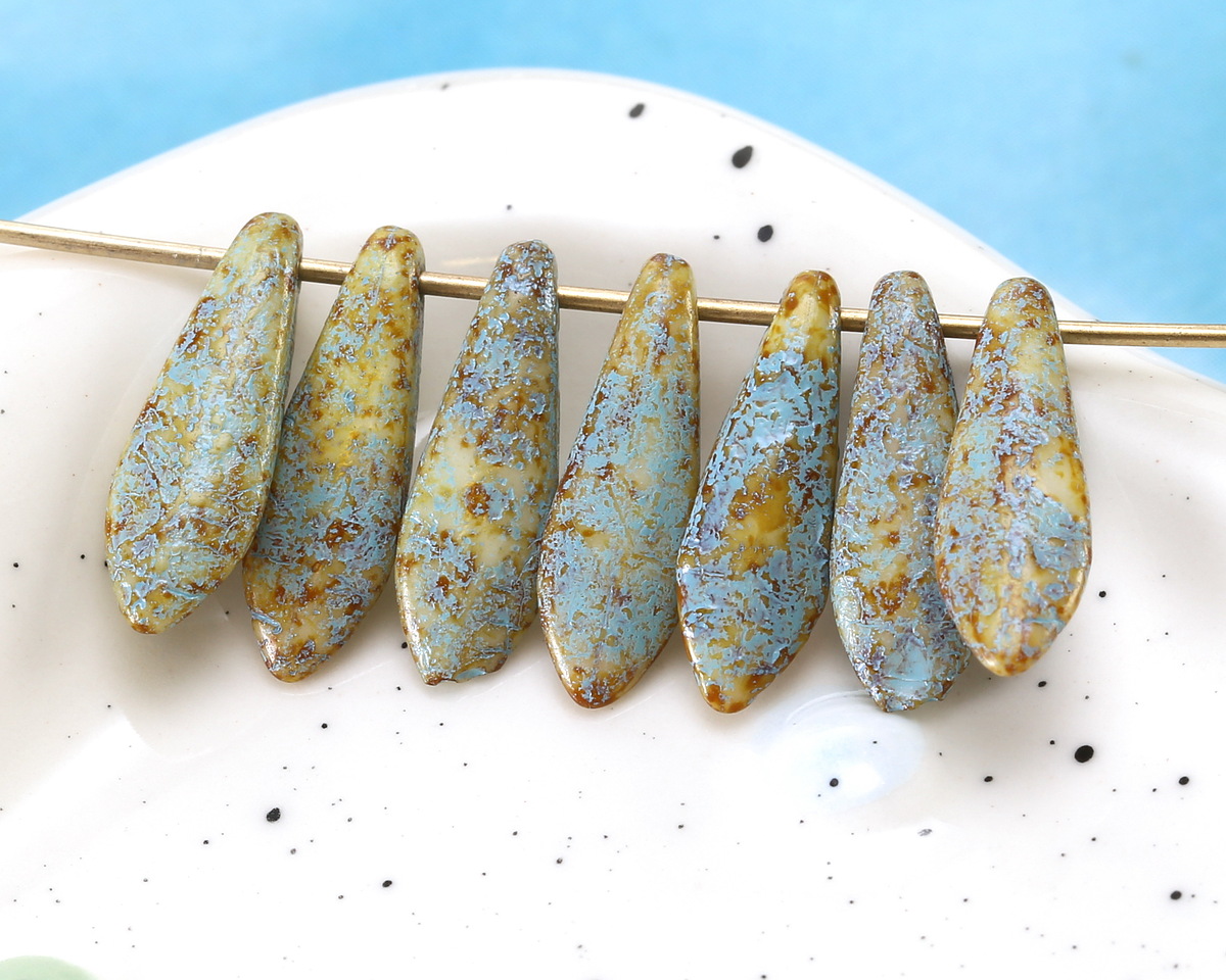 Czech Glass Textured Bisque Picasso w/ Turquoise Dagger 5x15mm