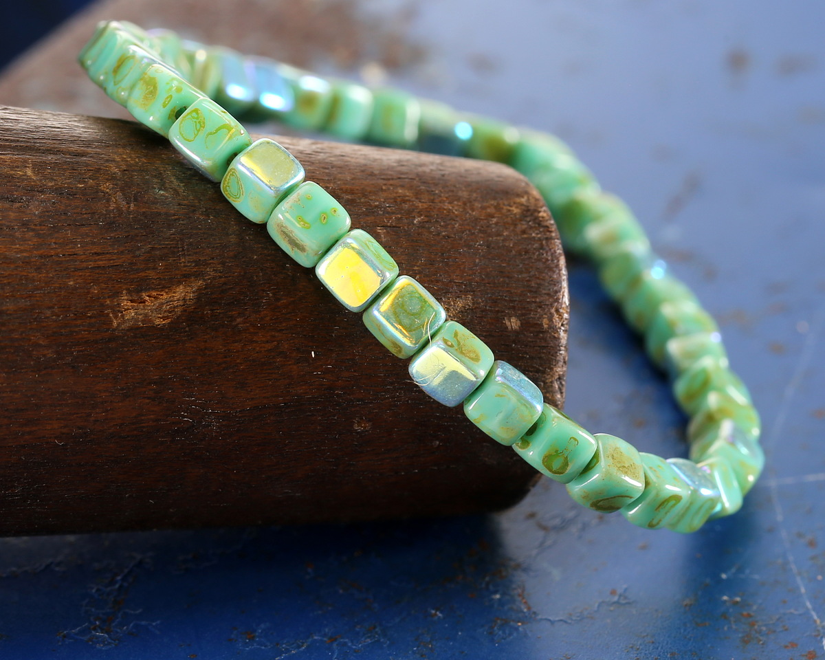 Czech Glass Turquoise AB Picasso Cube 4mm
