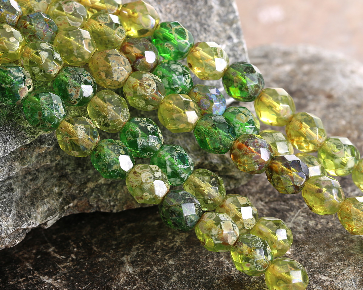 Czech Glass Greens Picasso Mix Fire Polished Round 8mm