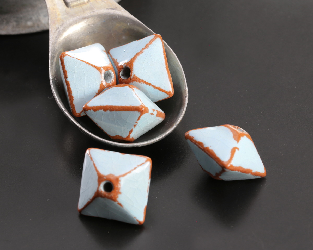 Mykonos Pueblo Ceramic Arctic Blue Octahedron Bead 13x15mm